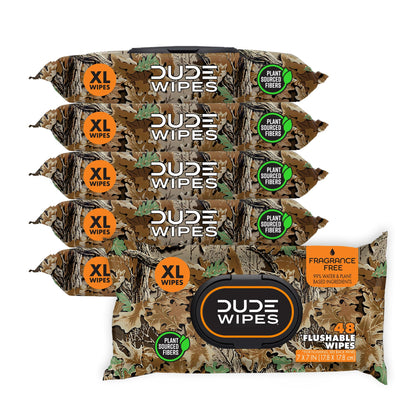 DUDE Wipes - Flushable Wipes - 6 Pack 288 Wipes - Extra Large Camouflage Unscented Wet Wipes with Vitamin E & Aloe