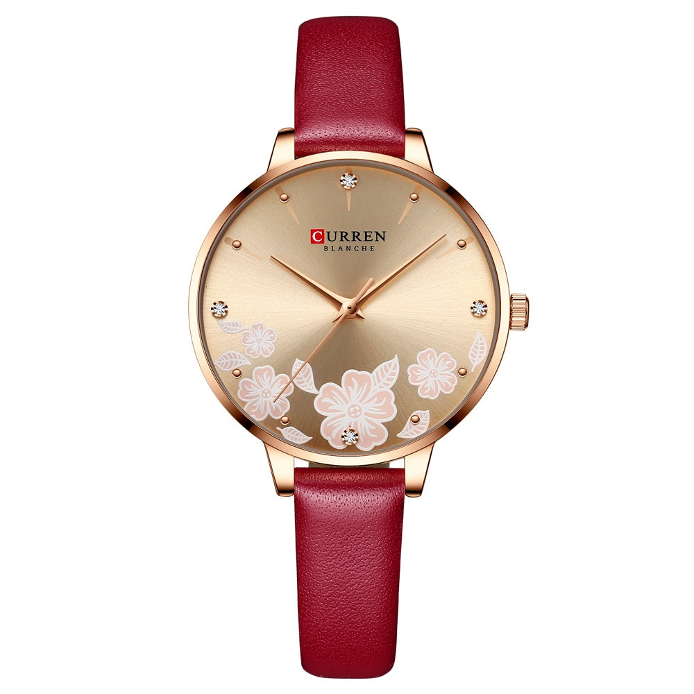 Women's waterproof casual leather small-dial watch with a simple round face and leather strap