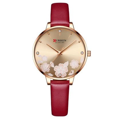Women's waterproof casual leather small-dial watch with a simple round face and leather strap