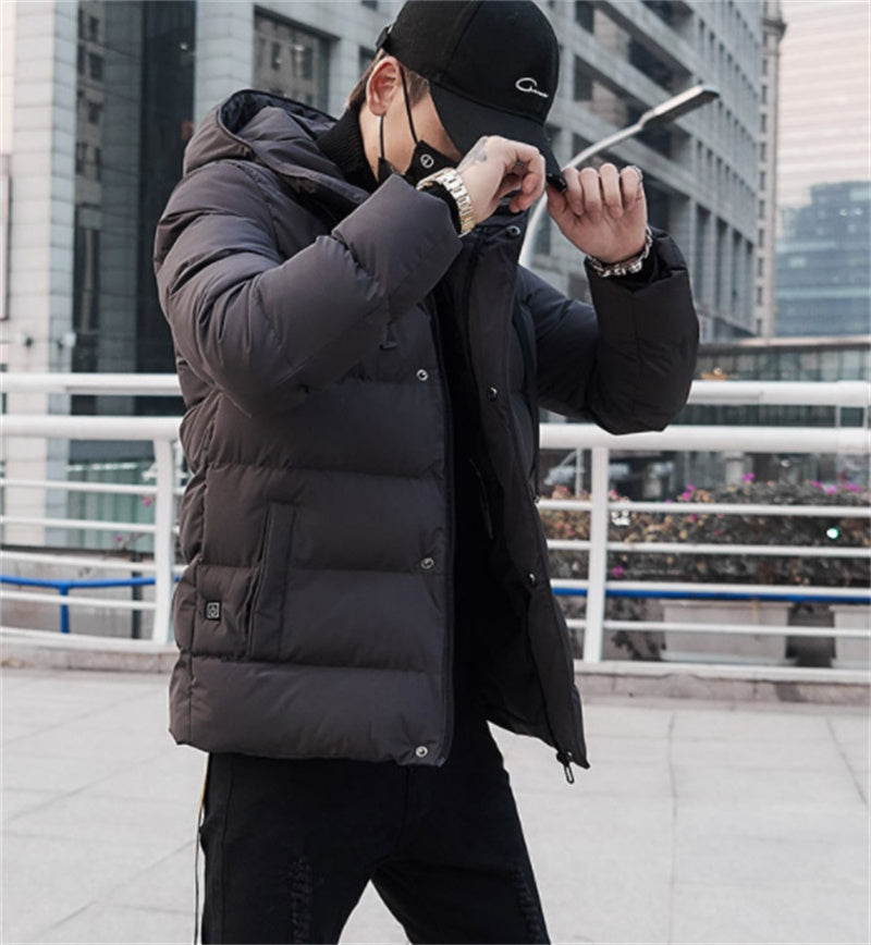 Men's winter fleece padded jacket with thick heating clothing design in black and gray