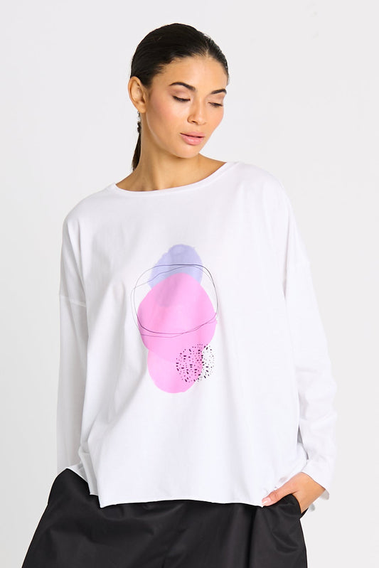 White Pima cotton "Saturn" luxury boxy T-shirt by PLANET by Lauren G, displayed on a neutral background.