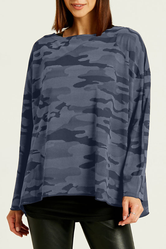 Midnight camo Pima cotton boxy T-shirt from PLANET by Lauren G featuring a relaxed fit and storm camouflage pattern.