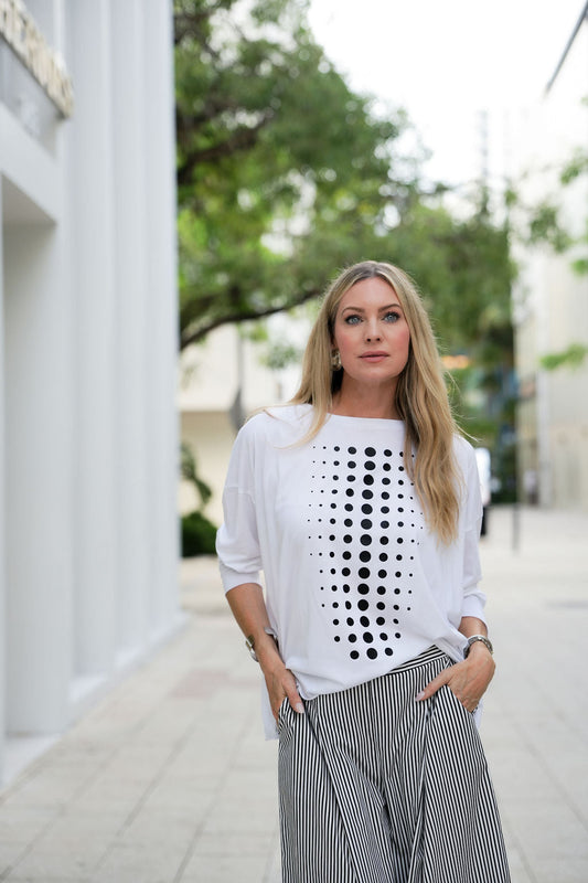 White and black Pima cotton boxy T-shirt with dot pattern from PLANET by Lauren G, showcasing front view and relaxed fit.