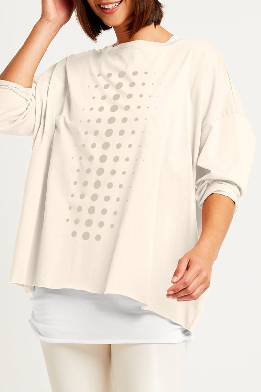 Stone and titanium Pima cotton boxy T-shirt with dot pattern from PLANET by Lauren G, shown on a flat lay.