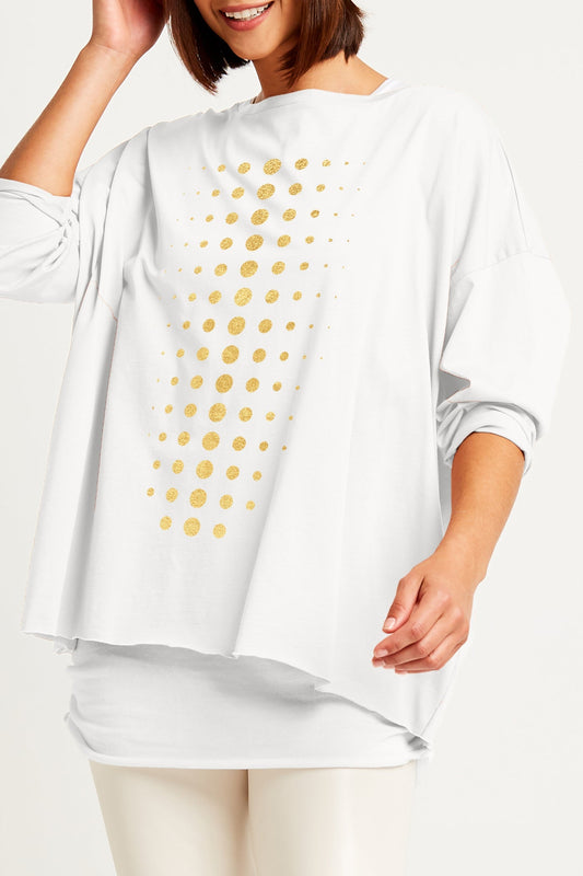 Planet by Lauren G Pima Cotton metallic dot luxury boxy T-shirt in stone and gold, featuring a stylish dot pattern.