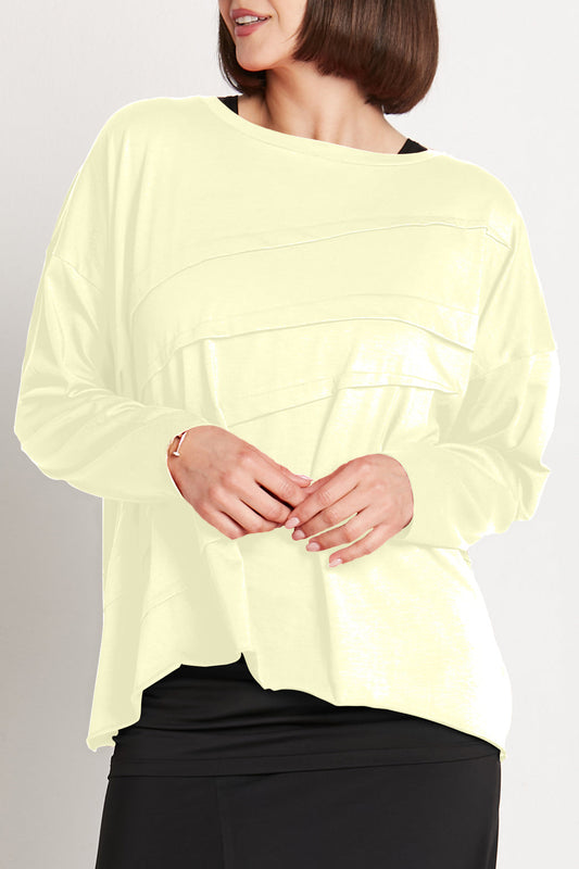 Yellow Pima Cotton Tucked Luxury Boxy T-Shirt by PLANET by Lauren G, featuring a relaxed fit and neat tucked details.