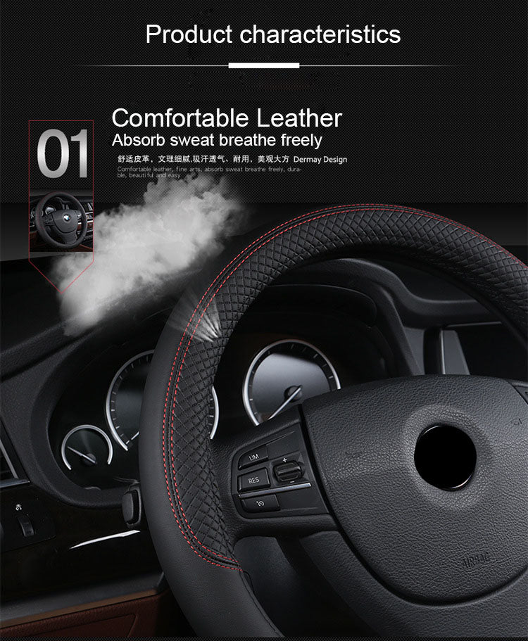 Universal leather car steering wheel cover in black, close-up view