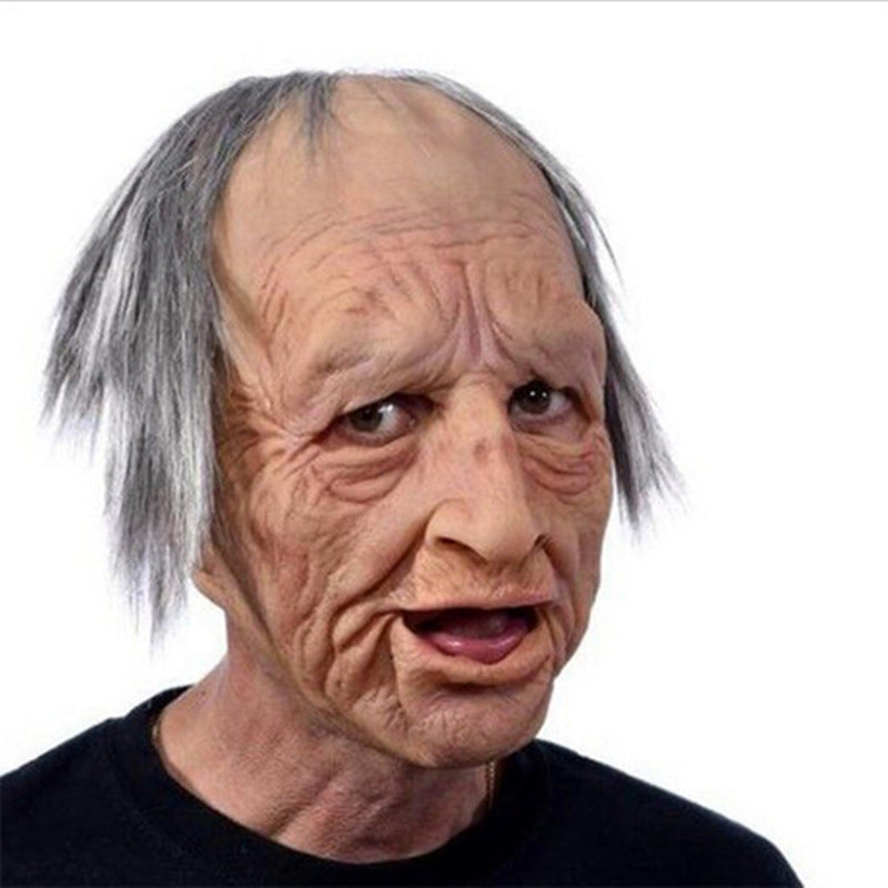 Old man Halloween mask with white hair, white beard, and headgear