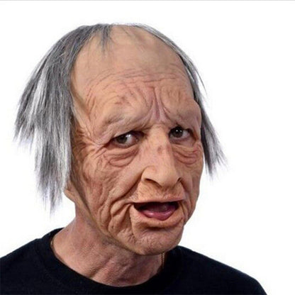 Old man Halloween mask with white hair, white beard, and headgear