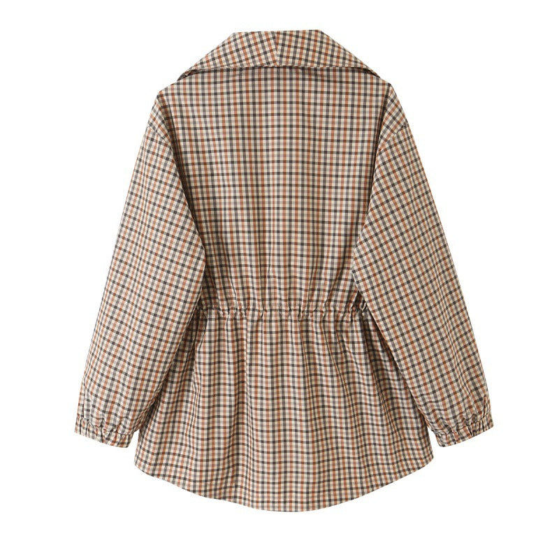 Women's autumn plaid trench coat with turn-down collar and drawstring waist