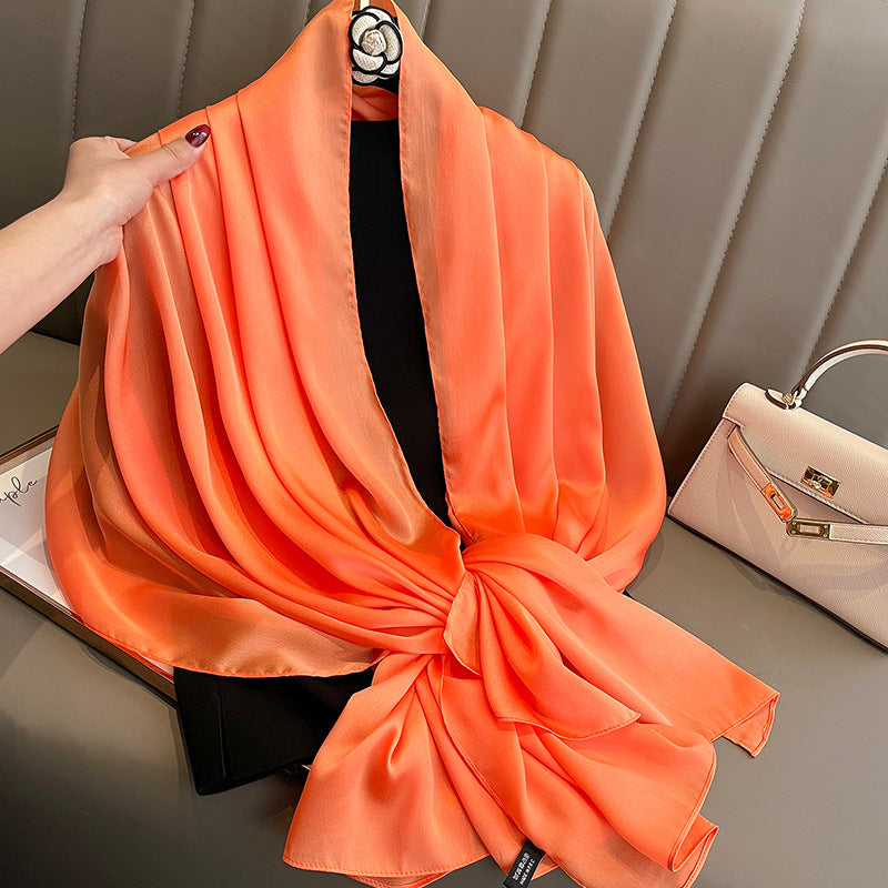 Korean-style solid-color silk beach scarf for women, lightweight sun-protection summer accessory
