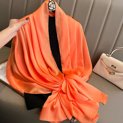 Korean-style solid-color silk beach scarf for women, lightweight sun-protection summer accessory
