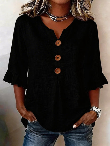 Women's V-neck cotton linen button-up shirt, solid color short sleeve design