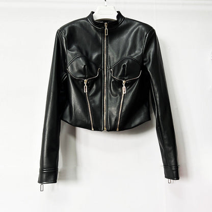Heavy-duty PU leather moto-style cropped jacket with stand collar and zip front