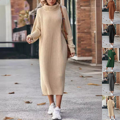 Women's winter turtleneck knitted sweater dress, solid-color loose pullover long dress
