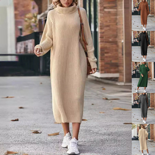Women's winter turtleneck knitted sweater dress, solid-color loose pullover long dress