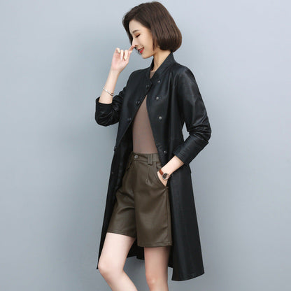 Women's leather trench coat with turn-down collar, drawstring waist, and long loose sheepskin design