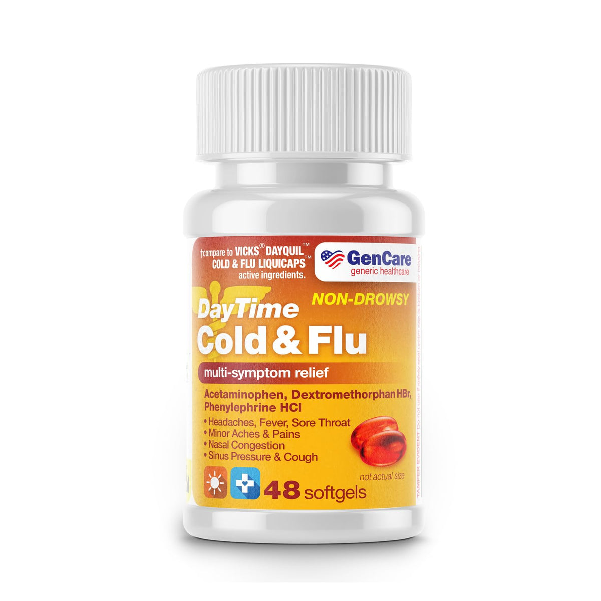 BackupsMyFilesNow GenCare Daytime Cold & Flu softgels with 325mg acetaminophen for non-drowsy relief, 48 softgels in bottle