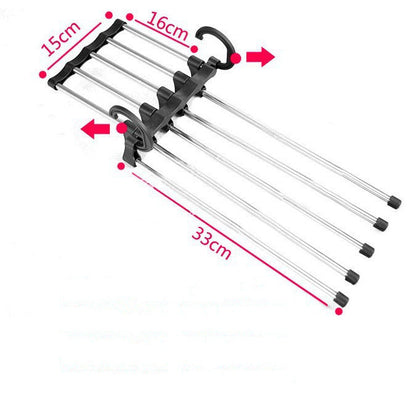 5-in-1 stainless steel wardrobe hanger with multiple slots for clothes and pants rack organization