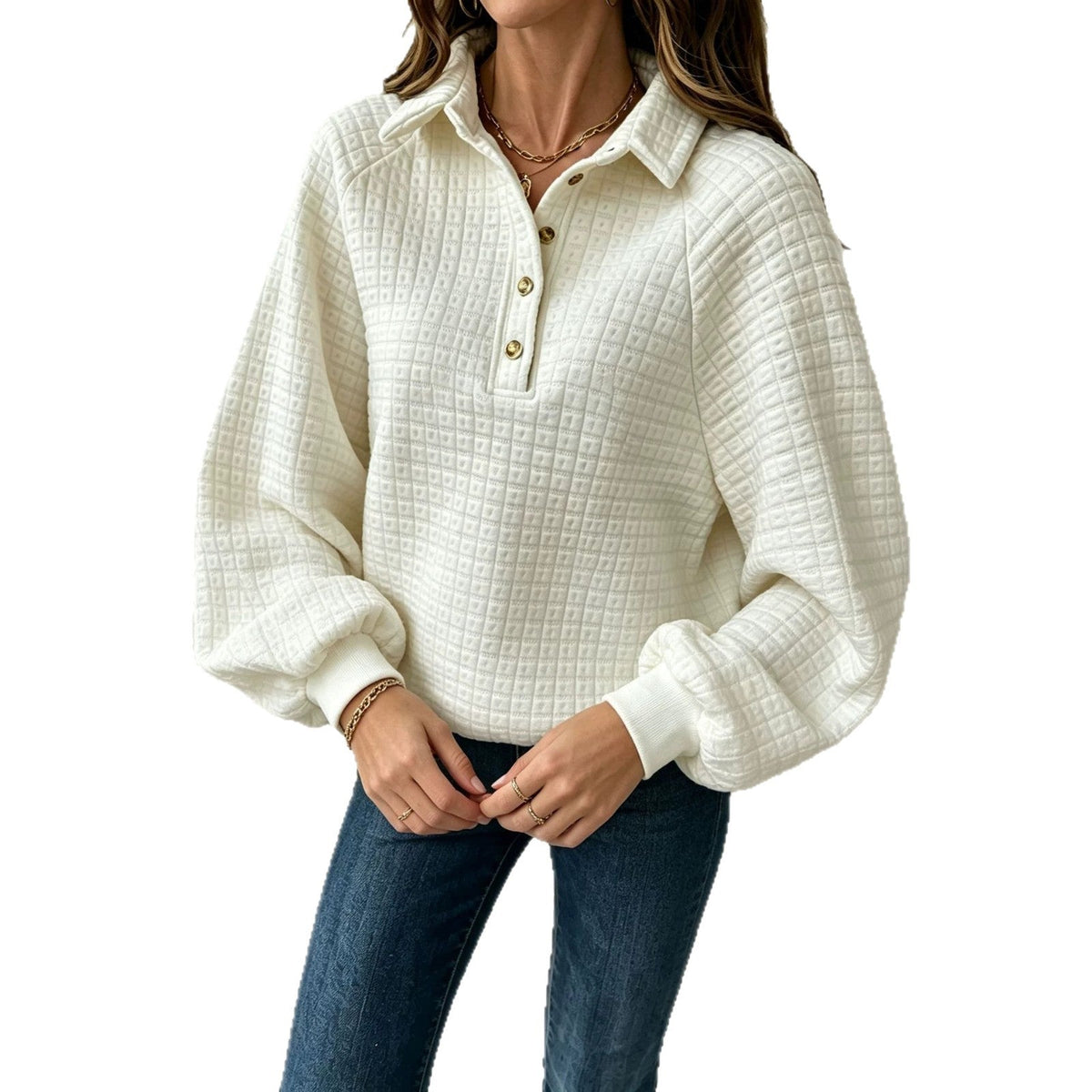 Women's textured pullover sweatshirt with turn-down collar, front view