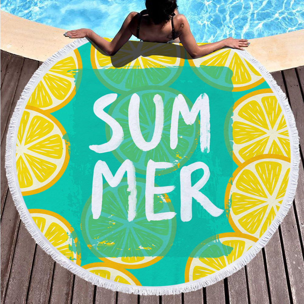 Round digital printing beach towel with colorful printed design, shown flat from above