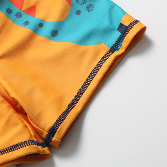 Cartoon dinosaur swimming trunks set for children, colorful dinosaur print on elastic-waist swim shorts