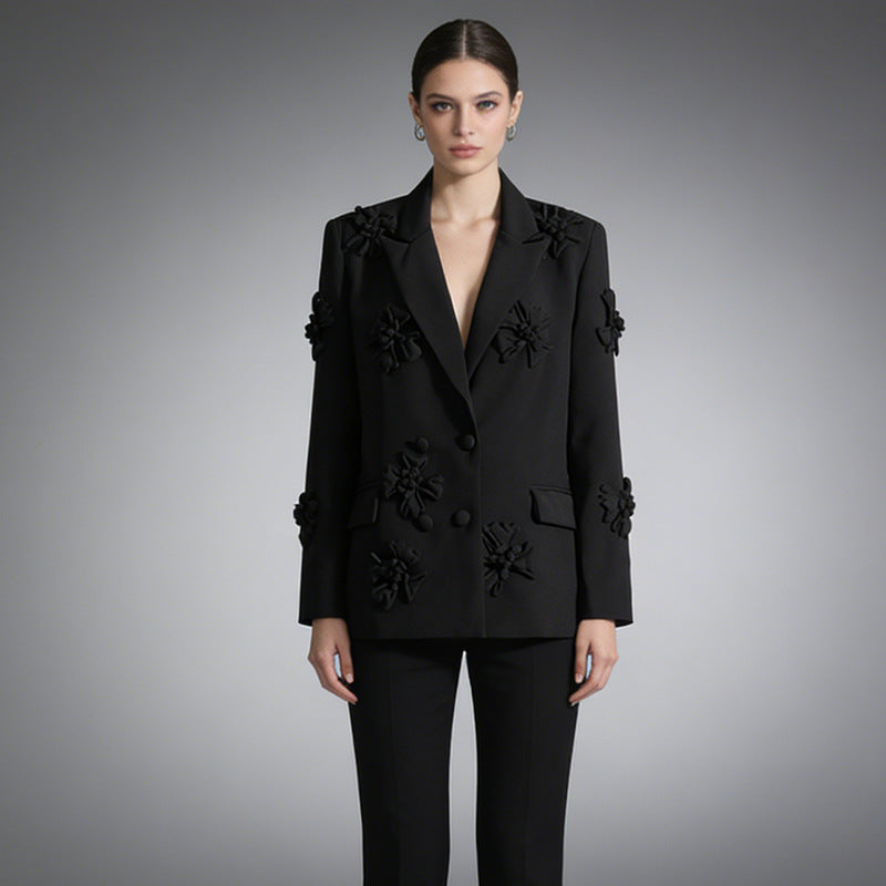 Three-dimensional floral blazer for women by My Store, featuring sculpted floral details and a tailored silhouette