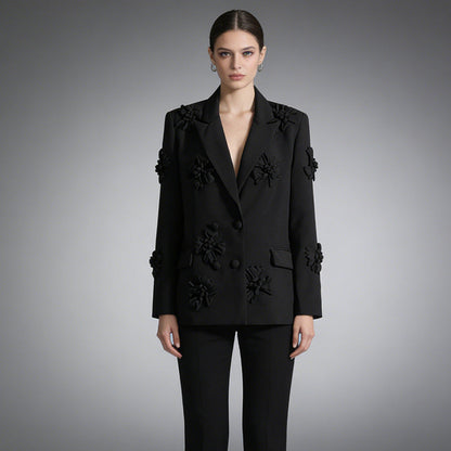 Three-dimensional floral blazer for women by My Store, featuring sculpted floral details and a tailored silhouette