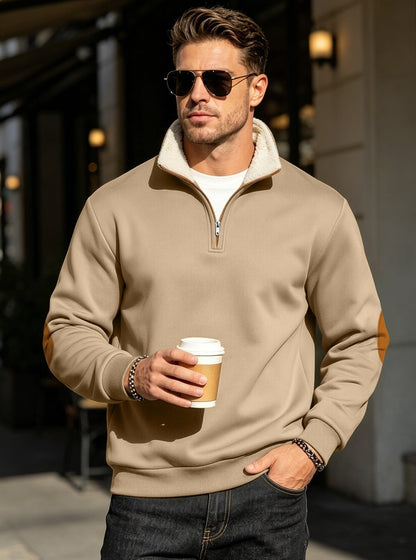 Retro patchwork embroidered men's long-sleeve sweatshirt with half-placket front