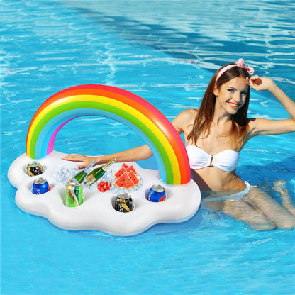 Gay pride rainbow inflatable pool float cooler with vibrant rainbow design and attached drink compartment
