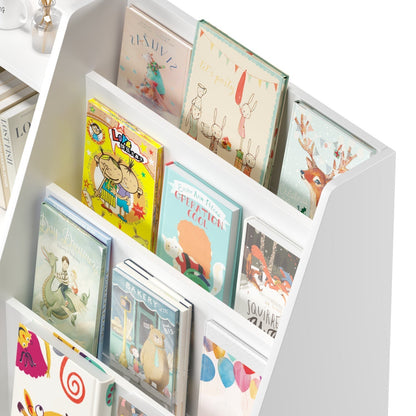Kids bookshelf with toy storage organizer, 34.65-inch wooden kids bookshelf from GBruno Store, showing shelves and toy compartments.