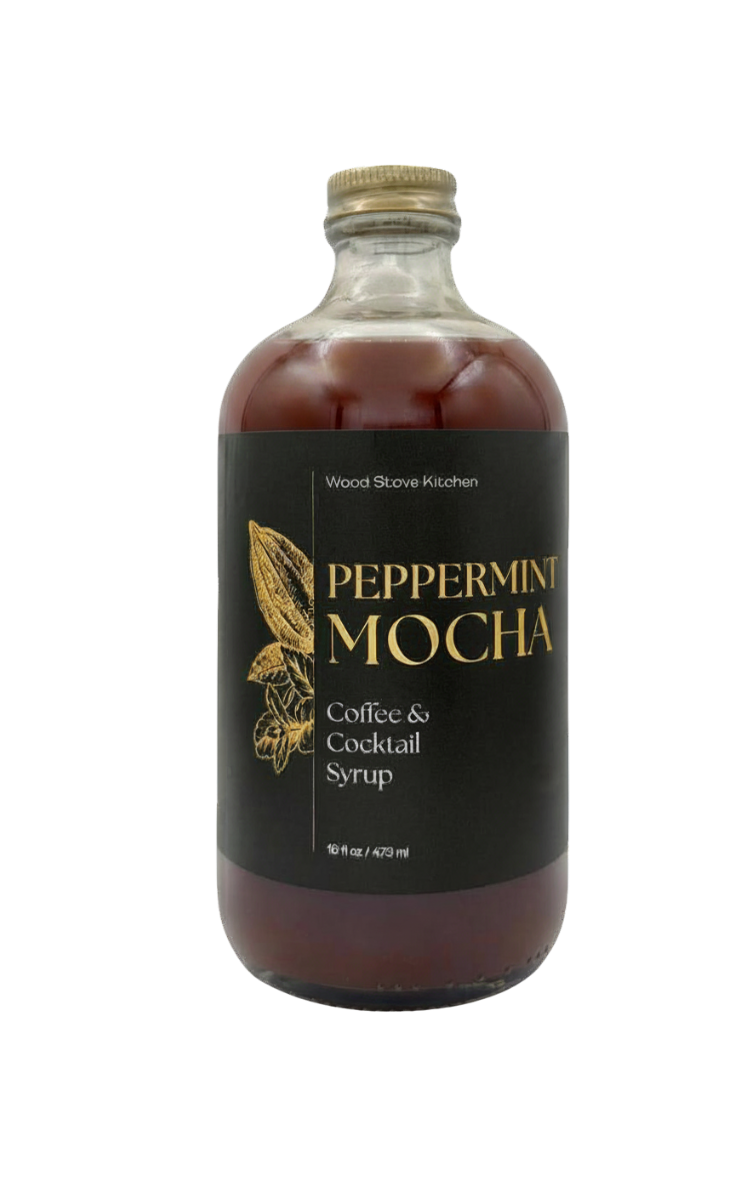 Wood Stove Kitchen Peppermint Mocha Coffee and Cocktail Syrup bottle, 16 fl oz, with label showing peppermint and mocha flavors
