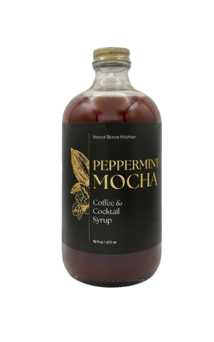 Wood Stove Kitchen Peppermint Mocha Coffee and Cocktail Syrup bottle, 16 fl oz, with label showing peppermint and mocha flavors