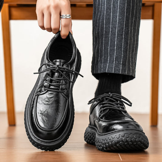 Men's black leather low-top lace-up shoes with thick height-increasing soles and breathable British style