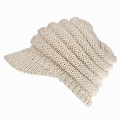 Women's ponytail beanie, soft knitted autumn winter hat with warm slouchy skullie design, gray