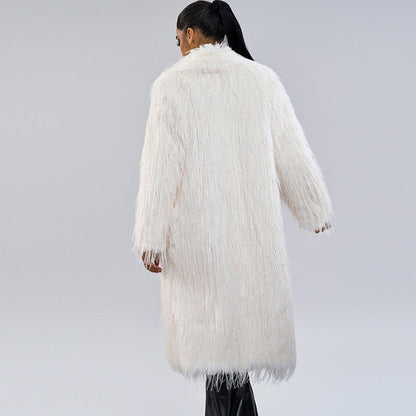 Long artificial fur collar coat for women, elegant commuting style