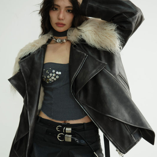 Two-layered distressed PU leather jacket in black with layered front design and zip closure