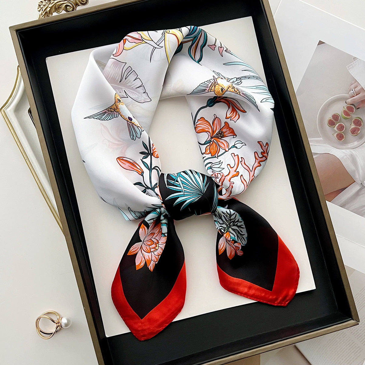 Sun-protective beach floral silk scarf with colorful flower pattern and lightweight fabric