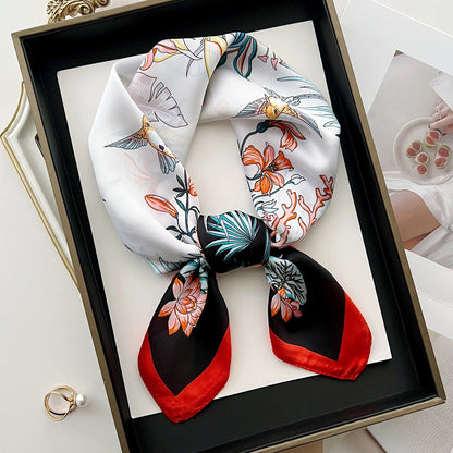 Sun-protective beach floral silk scarf with colorful flower pattern and lightweight fabric