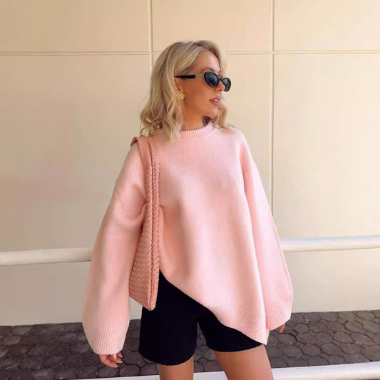 Women's sweet crew neck pullover sweater with loose fit and long sleeves for winter fashion
