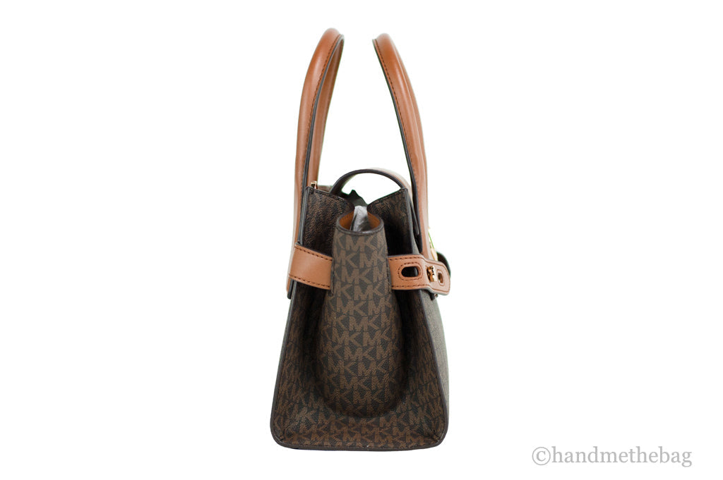 Michael Kors Carmen brown signature leather satchel with top handles and gold hardware, stylish and spacious for everyday use.