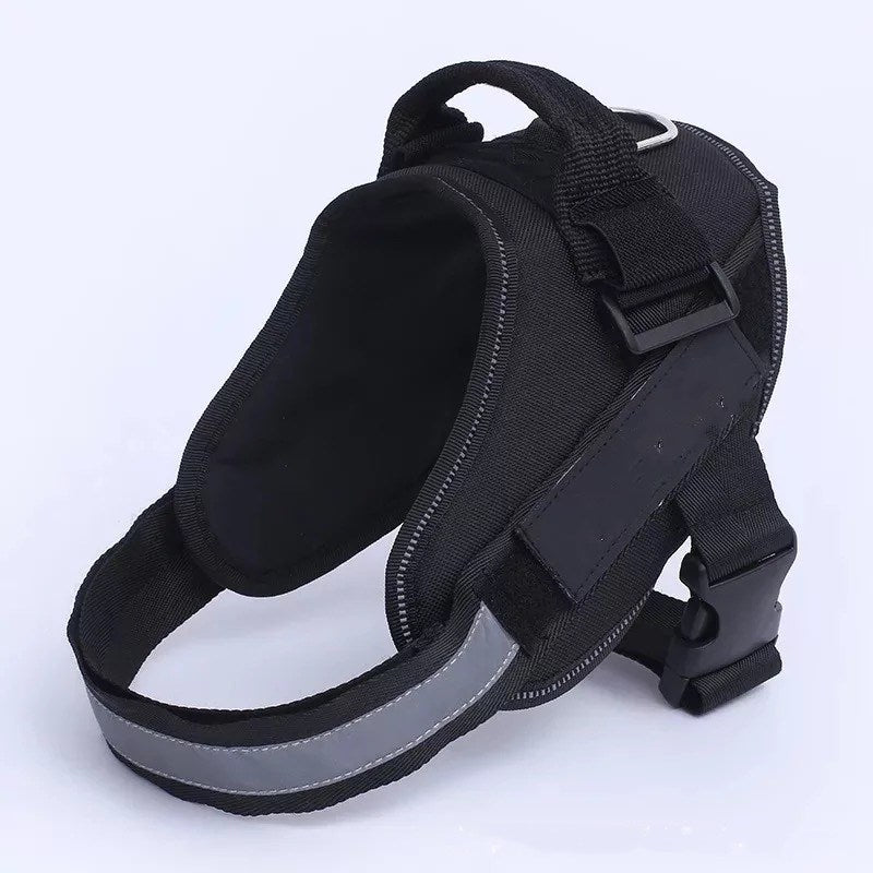 Black dog harness with adjustable straps and secure buckles, shown from the front