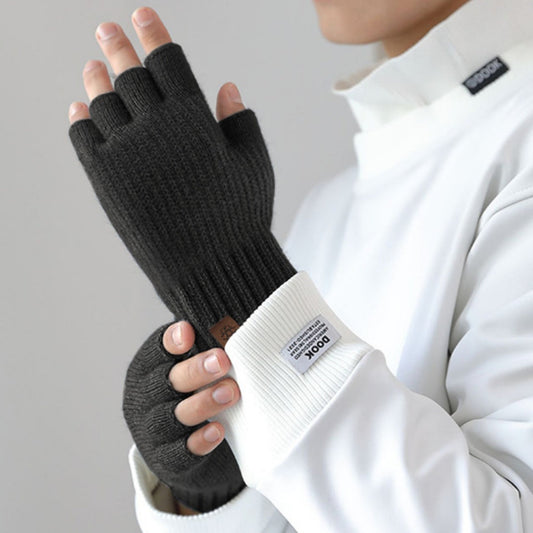 Men's outdoor knitted thermal fleece-lined half-finger gloves in black, My Store brand