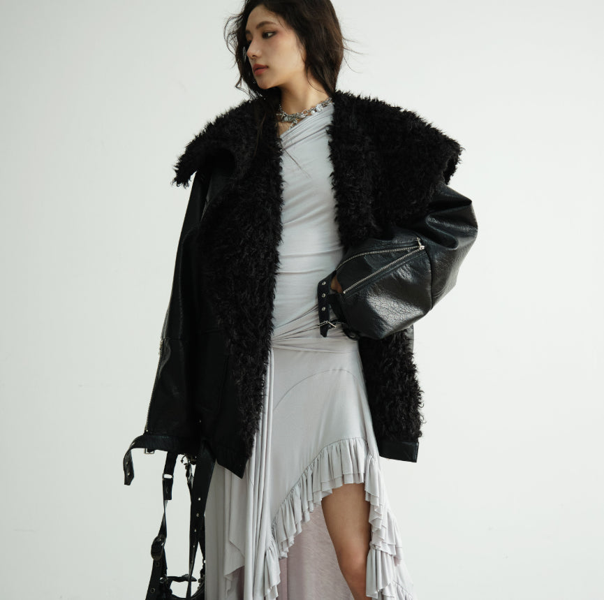 Mid-length heavyweight PU leather silhouette jacket in black, front view