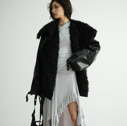 Mid-length heavyweight PU leather silhouette jacket in black, front view