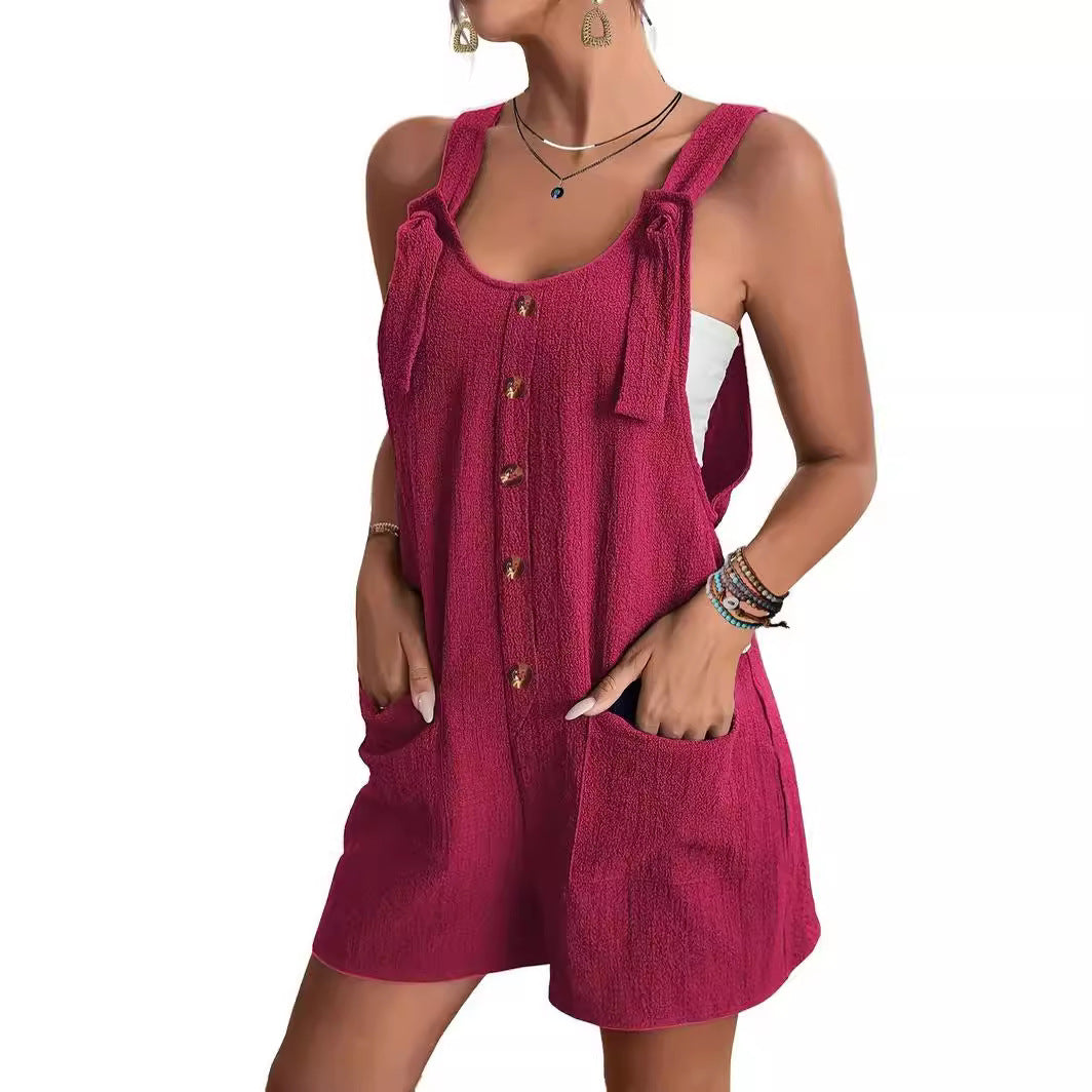 Casual and stylish strap shorts jumpsuit in a relaxed design, displayed against a clean background
