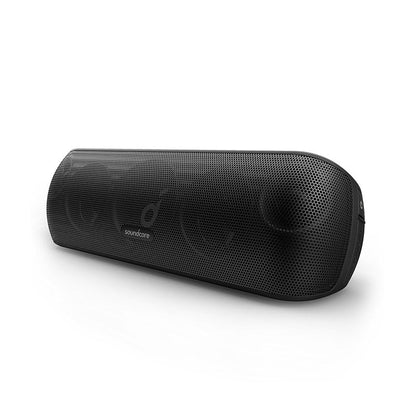 Black Bluetooth subwoofer speaker with compact design and visible control panel