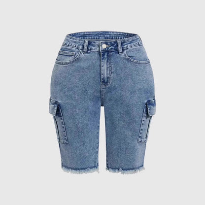Stretch-washed high-rise denim shorts with side pockets and high stretch factor, front view