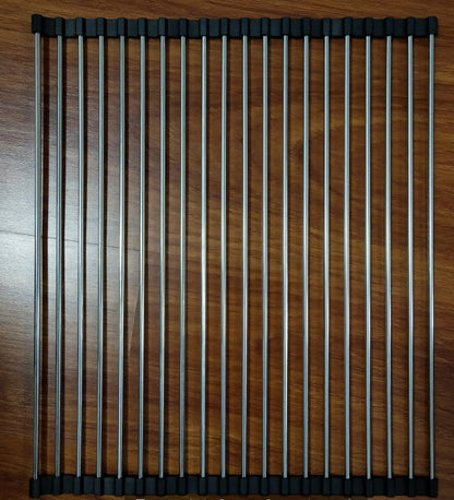 Folding kitchen drain sink rack in stainless steel, displayed expanded for rinsing dishes and produce