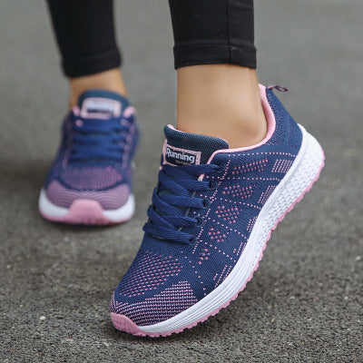 White women's breathable mesh walking sneakers with flat soles and casual fashion design
